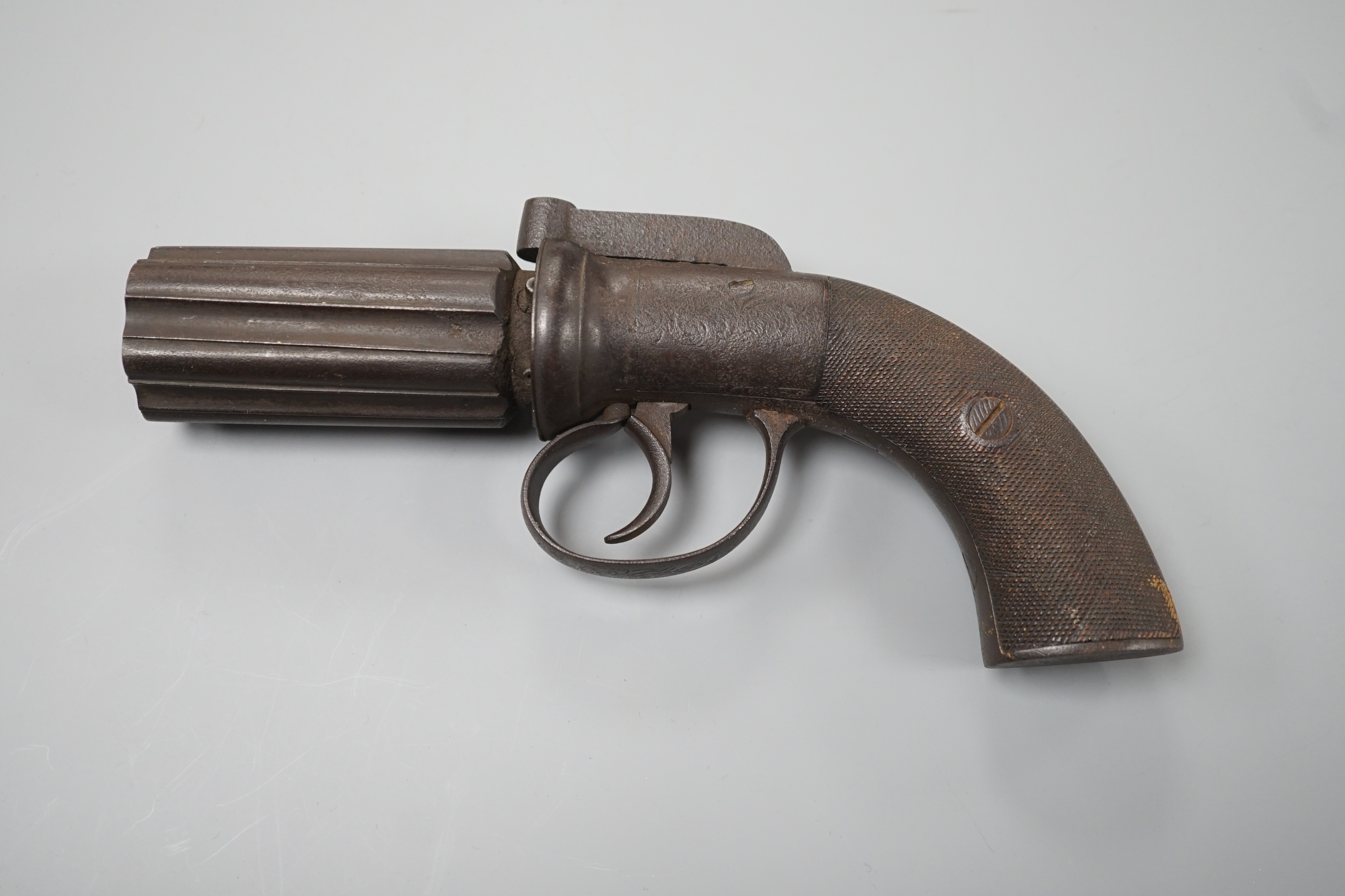 A 19th century unnamed 6 shot bar hammer action pepperbox revolver 3” barrel